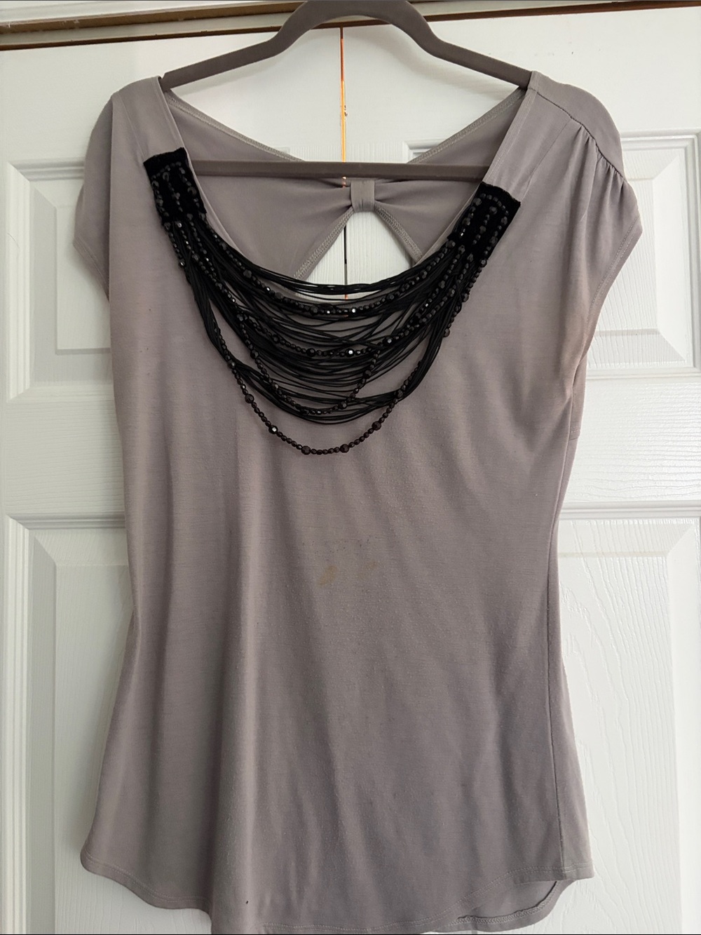 Women's Grey Short Sleeve Top with Black Beaded Back Detail